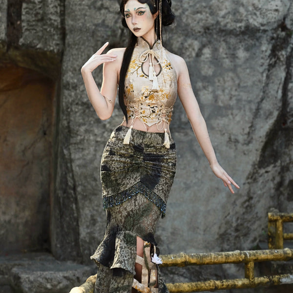 New chinoiserie button birdcage water drop collar cheongsam short tops christmas