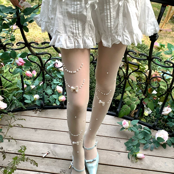 Fashion niche thin cut pearl necklace Japanese jk white pantyhose women's milk white stockings