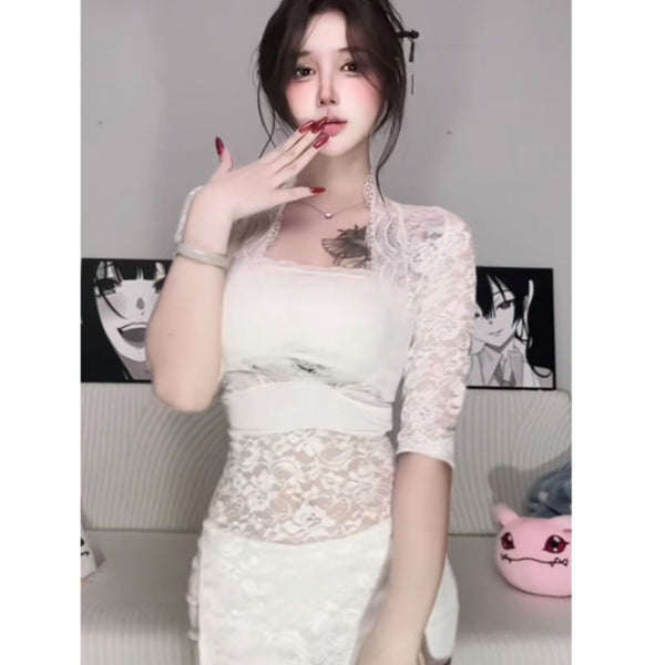 Spicy girl sexy low cut V-neck lace patchwork slit mid length long skirt with half sleeves, translucent temperament base, tea break dress