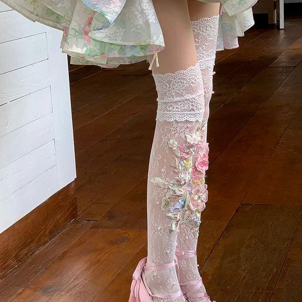 Fashion niche design lolita flower hollow lace knee socks calf socks ballet academy style