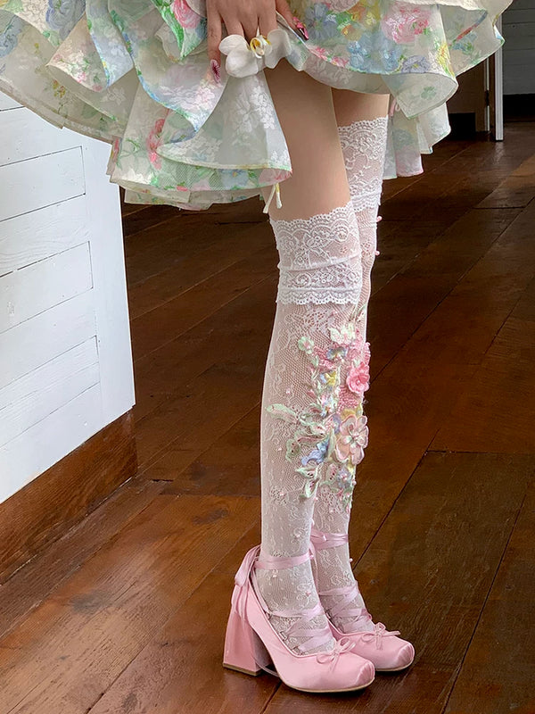 Fashion niche design lolita flower hollow lace knee socks calf socks ballet academy style