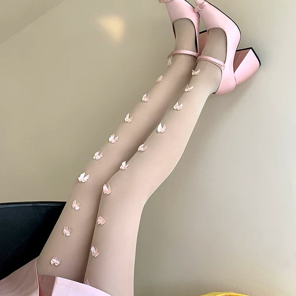 Fashion niche girl pink bow milk white one-piece socks sexy lolita college style stockings