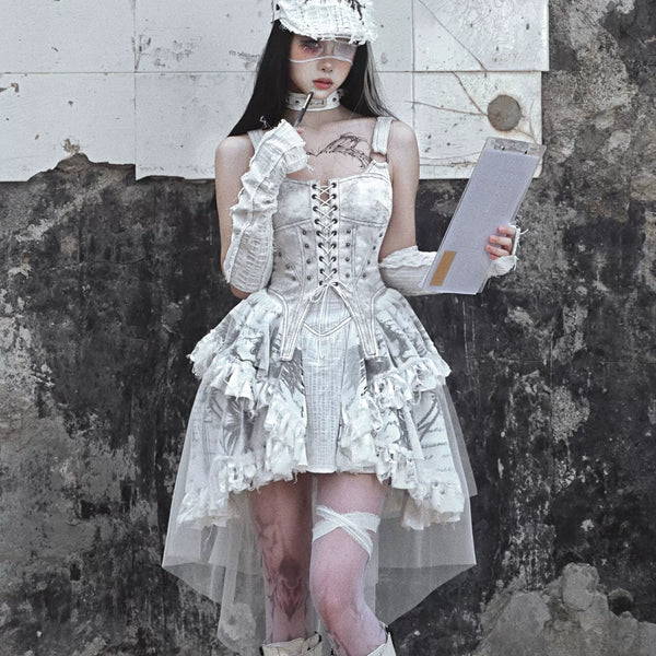 Insane asylum distressed suede subculture punk tail printing suspender skirt christmas suit