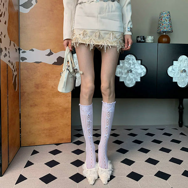 Scattered Fragments~ Summer 2025 New French Ballet Romantic Niche Women's Thin Pure White Knot Calves