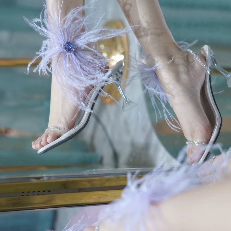 Ostrich feathers transparent one-word buckle high heels straps rhinestone sandals