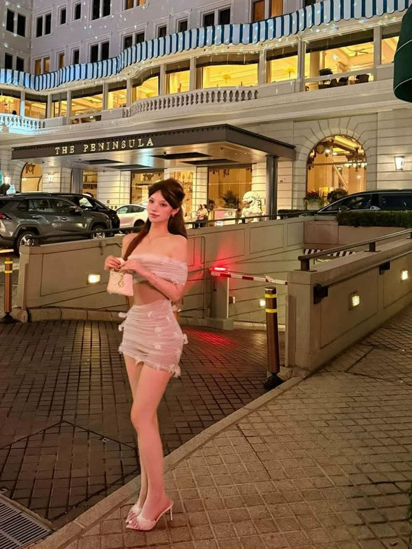Spice girl sexy one-word collar off-the-shoulder three-dimensional flower fairy short skirt niche design seaside party vacation dress