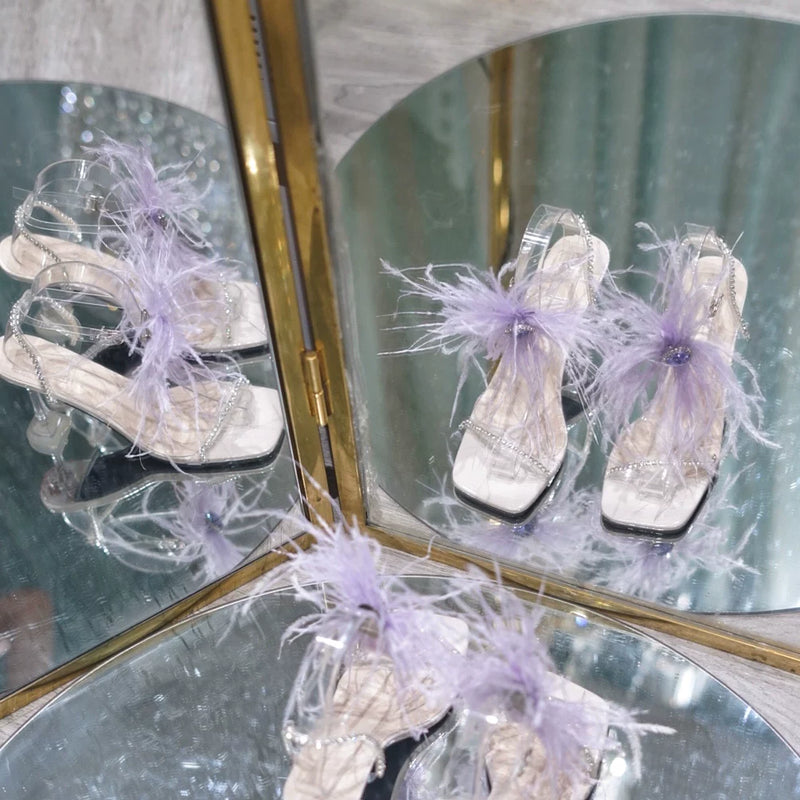 Ostrich feathers transparent one-word buckle high heels straps rhinestone sandals