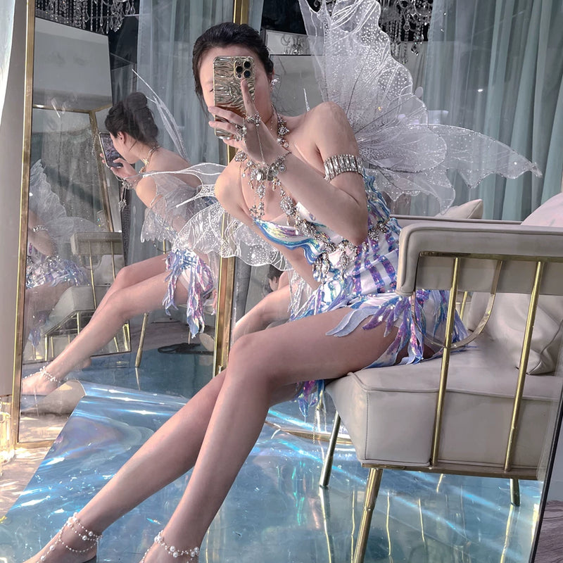 The skin is as cold as ice and the bones are as clear as a river |   Handmade custom sparkling irregular strapless gown with fairy wings