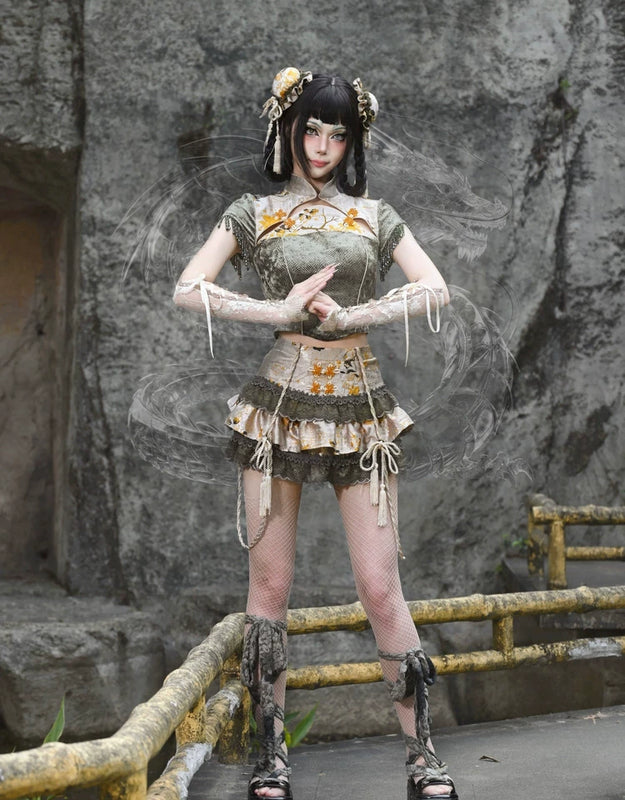 New chinoiserie jacquard snake print slimming tassel short sleeve cheongsam tops christmas halloween