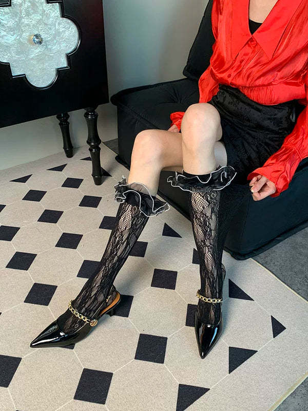 Frequently mentioned past~ Summer ballet French niche women's thin lace satin lace black calf socks