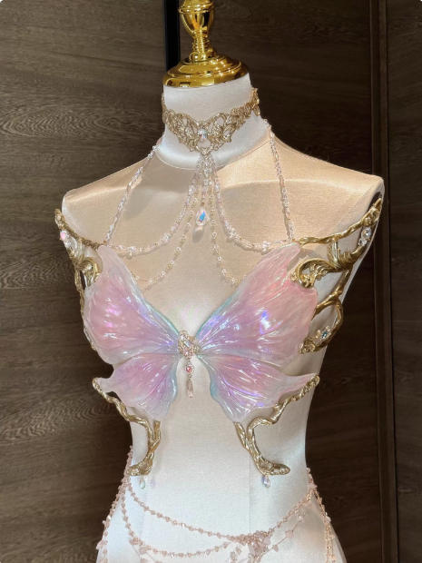 Fairy mermaid pink butterfly bustier beaded chain bra bandeau top sequin skirt handmade