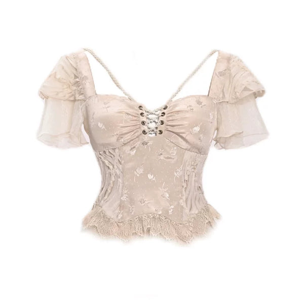 Original ◆ Broken ballet court flutter sleeve jacquard tie-up boned bodycon top - perfect for halloween & christmas