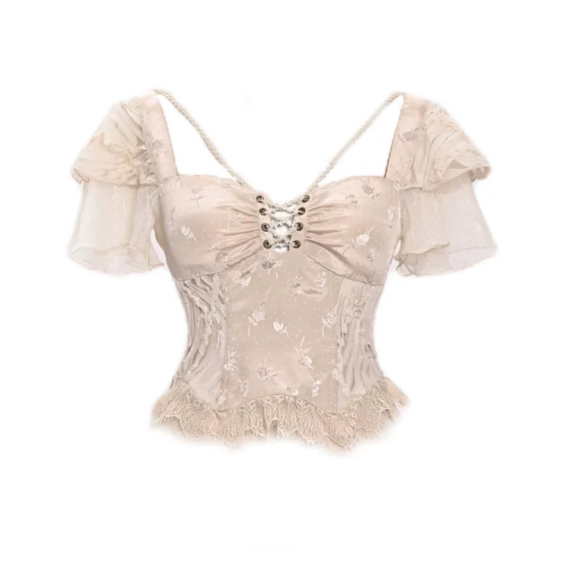 Original ◆ Broken ballet court flutter sleeve jacquard tie-up boned bodycon top - perfect for halloween & christmas