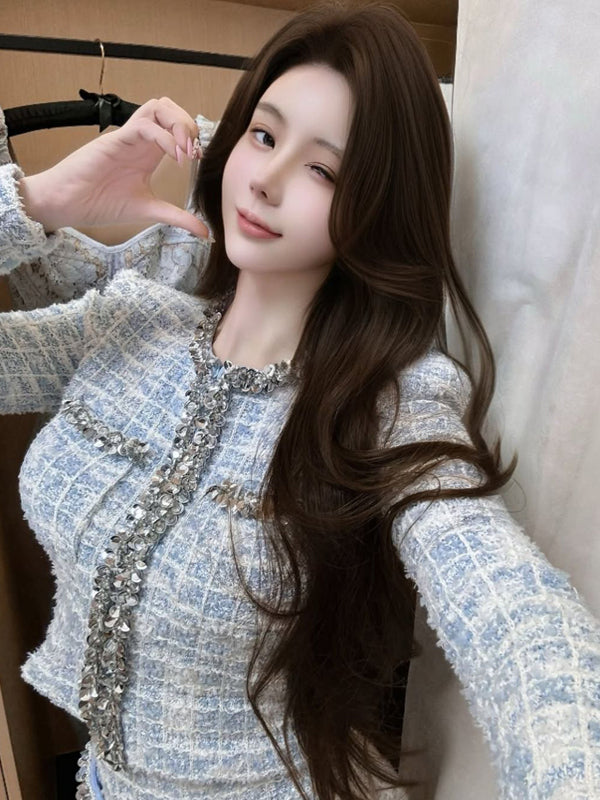 Shuidian Heavy Industry Round Neck Short Knitted Shirt, Two Piece Set for Wealthy Women, Autumn French Gentle Style