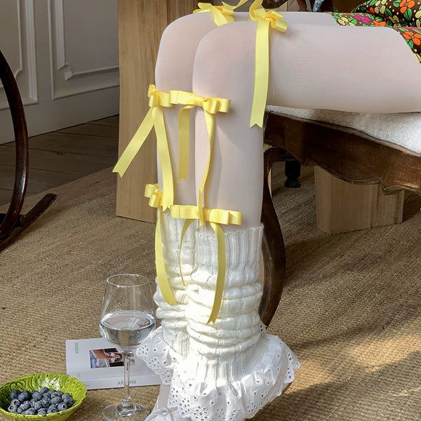 Fashion niche ballet girl spring and autumn milk white girl heart velvet bow pearl outer wear one-piece socks