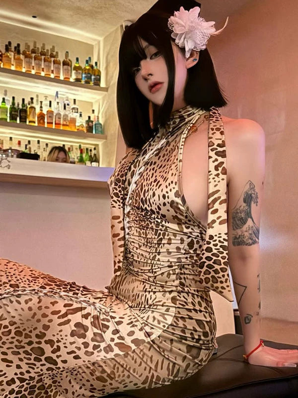 Pure desire style sexy spice girl leopard print print neck dress women's strap design sense niche hip wrap dress