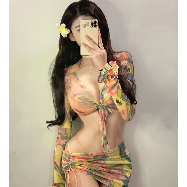 Girl age reduction sweet sexy print mesh triangle bikini suit gathering skirt cut men's swimsuit suit