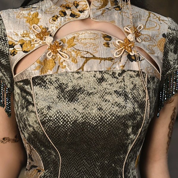 Chinese buckle slim-fitting fishtail long slit cheongsam dress Christmas