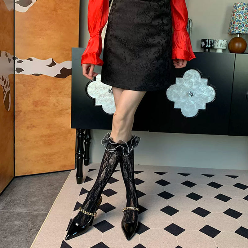 Frequently mentioned past~ Summer ballet French niche women's thin lace satin lace black calf socks