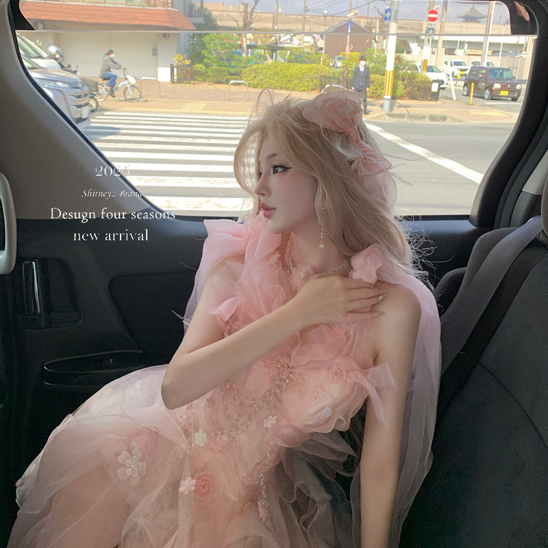 Pink off-the-shoulder bandeau dress - romantic french fairy princess dress