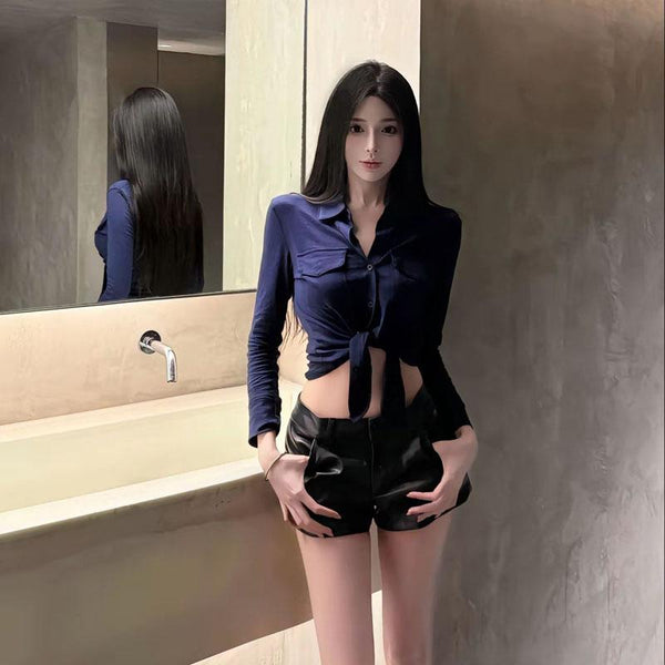 Open-button design sense, high-end sense, niche shirt top, Korean lace-up long-sleeved lapel collar autumn new bottom shirt women