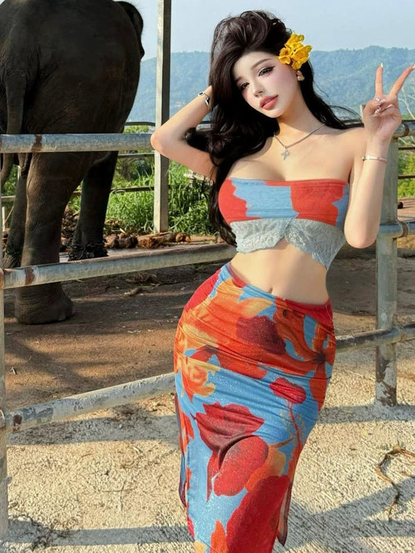 Pure desire style sexy babes hollowed out retro printing open navel vacation fashion chest wrap beach dress two-piece set