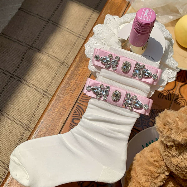 Fashion niche socks full diamond bow socks pearlescent glass socks thin pure desire wind white socks