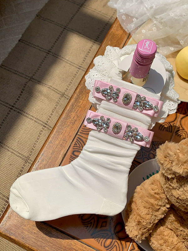 Fashion niche socks full diamond bow socks pearlescent glass socks thin pure desire wind white socks