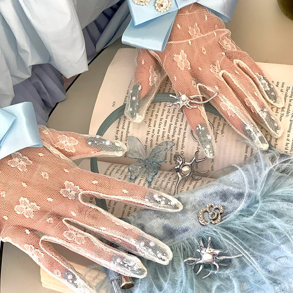 Fashion Niche Spring Summer Palace Gorgeous Textured Glossy Ribbon Inlaid Gemstone Lace Velvet Jewelry Gloves