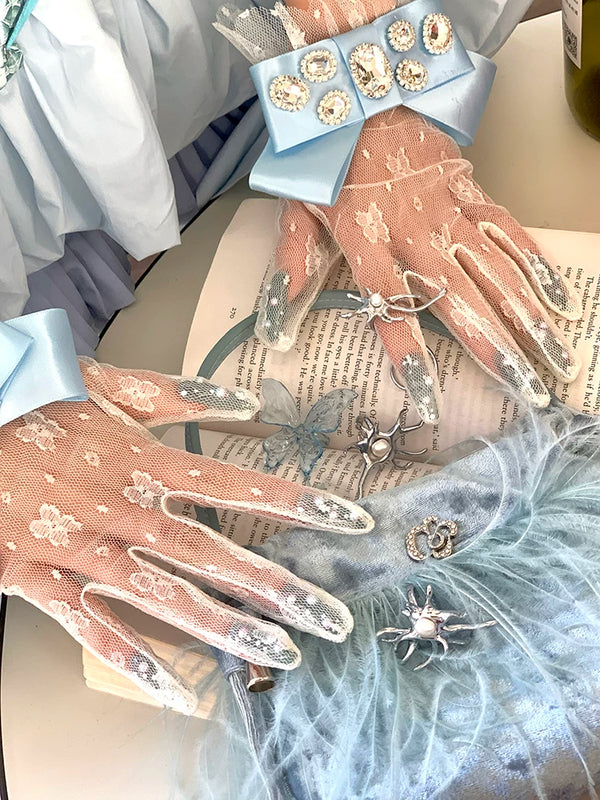 Fashion Niche Spring Summer Palace Gorgeous Textured Glossy Ribbon Inlaid Gemstone Lace Velvet Jewelry Gloves