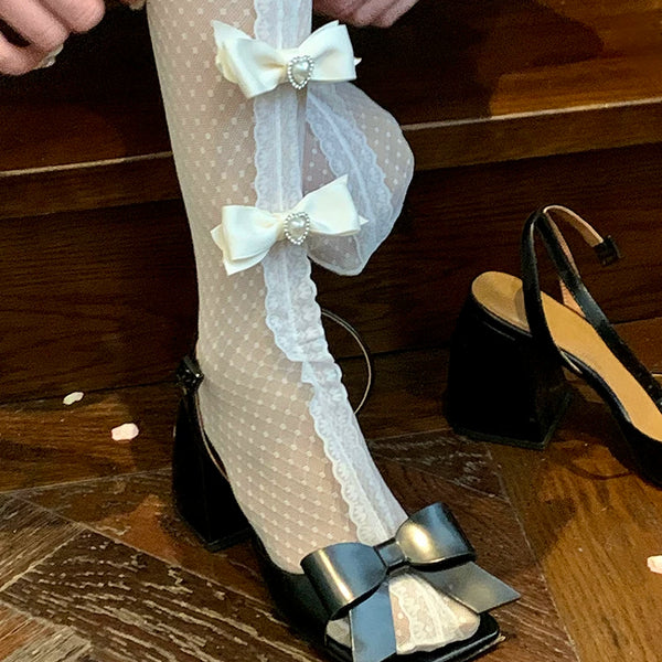 Fashion lolita Japanese sweet bow glass jk lace jacquard knee stockings children thin