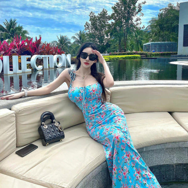 Pure desire girl sweet vacation neck suspender long dress floral color age reduction Spice girl cut men fashion dress summer