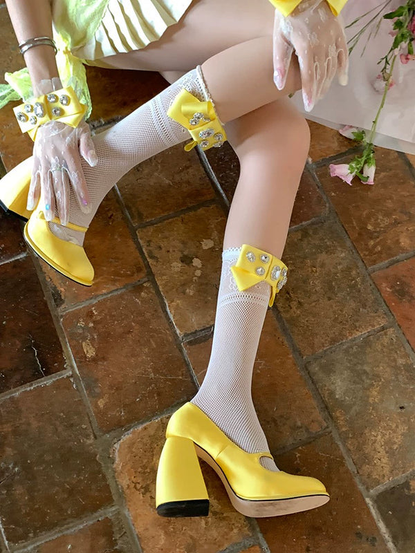 Fashion niche, girlish court gorgeous bow ribbon inlaid gemstone lace mesh tube socks