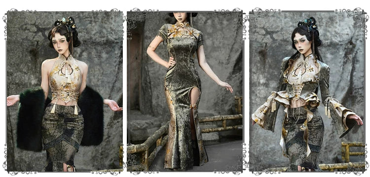 New chinoiserie jacquard snake print slimming tassel short sleeve cheongsam tops christmas halloween