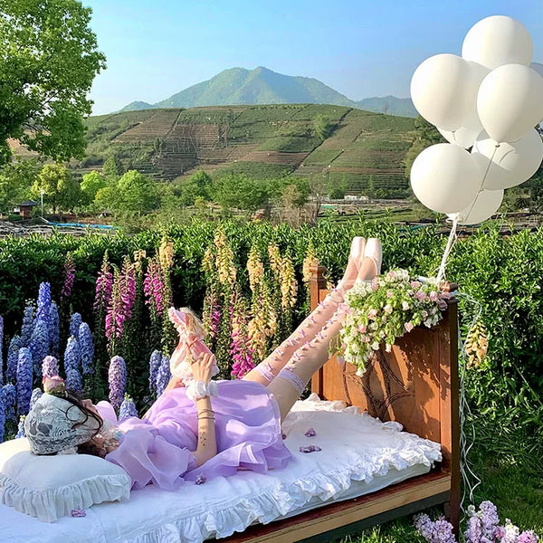 Fashion niche early spring purple handmade flowers niche lace Lolita high tube socks ballet girl socks