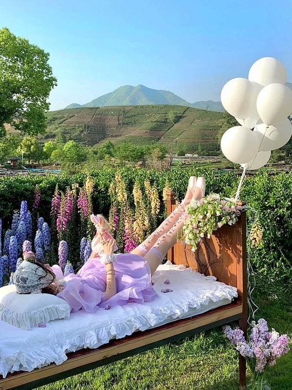 Fashion niche early spring purple handmade flowers niche lace Lolita high tube socks ballet girl socks