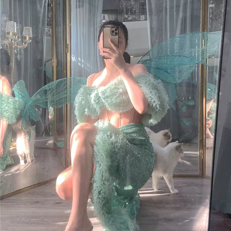 Mint Mambo | Fishbone Corset One-word Neck Fungus Edge Three-dimensional Flower High Split Sequins Wrap Skirt Set