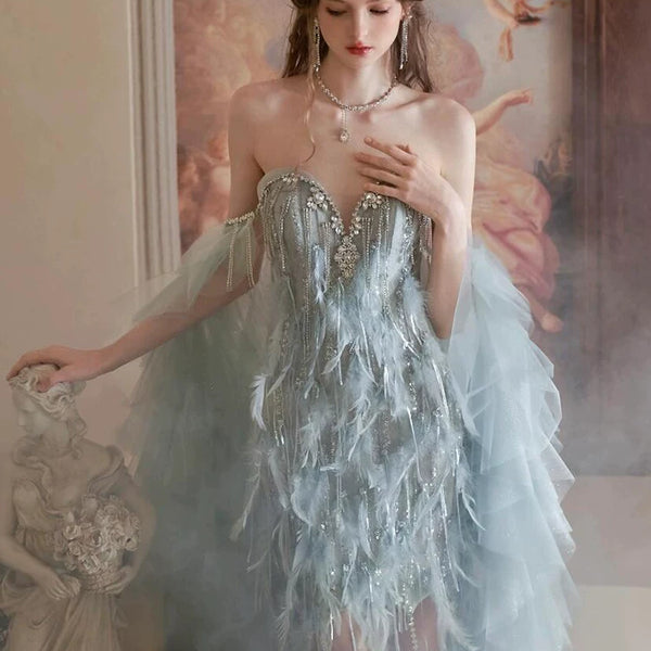 Blue feather tube top evening dress women's high sense birthday party princess dress annual meeting engagement bride toast dress