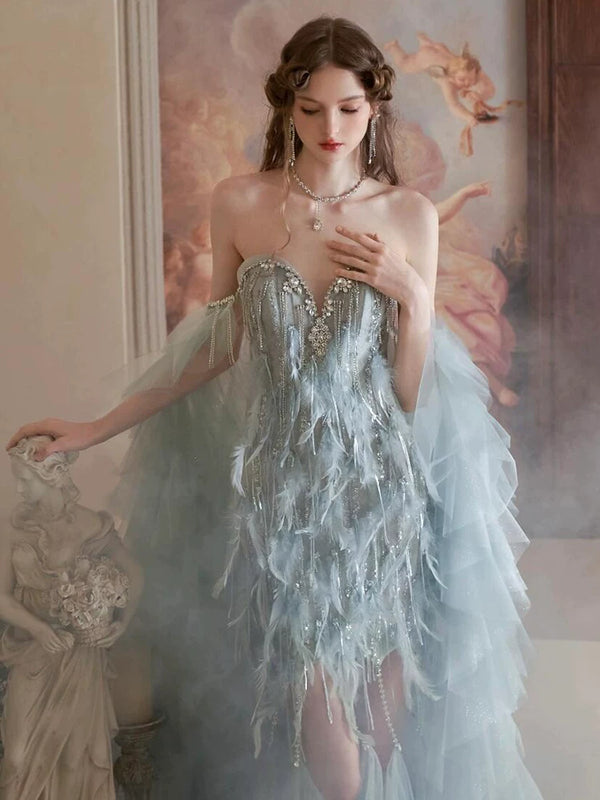 Blue feather tube top evening dress women's high sense birthday party princess dress annual meeting engagement bride toast dress