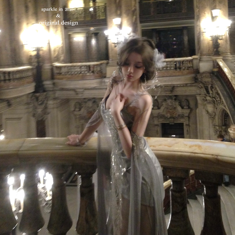 Silver slimming sexy dress full diamond split goddess maxi dress