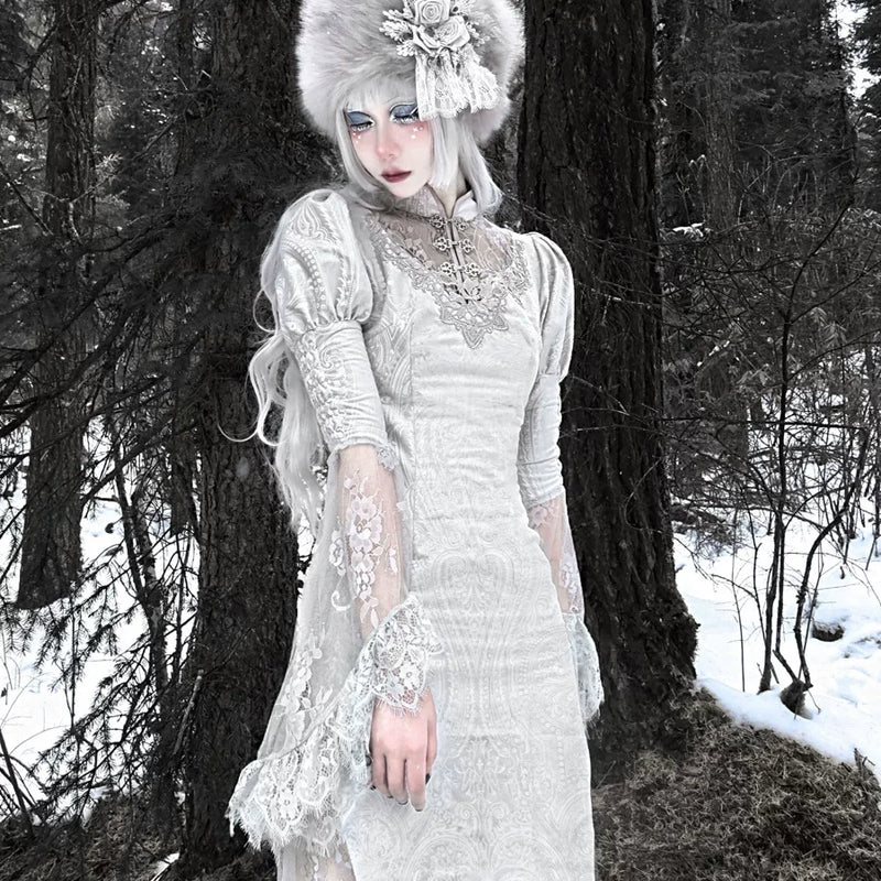 Jacquard lace velvet mermaid modified cheongsam dress