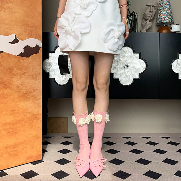 2025 autumn new French retro romantic elegant milf niche girl pink rose lace tube socks women DF