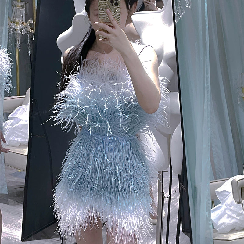 Thousand gold sense of design white swan birthday party heavy industry feather ostrich feather accessible luxury evening dress dress