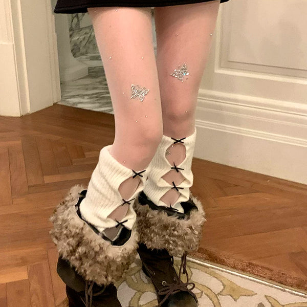 Fashion niche, white autumn and winter bow stacked socks women's knitted wool ballet open stacked calf cover