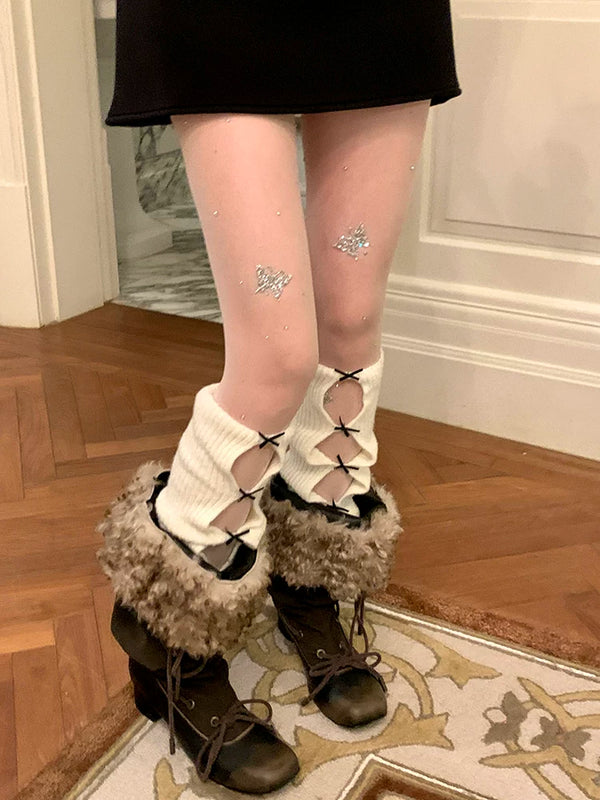 Fashion niche, white autumn and winter bow stacked socks women's knitted wool ballet open stacked calf cover