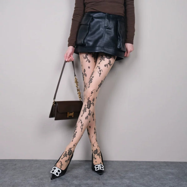 Any wearing base color should be confident~ flower jacquard stockings mature sexy skin tone leggings