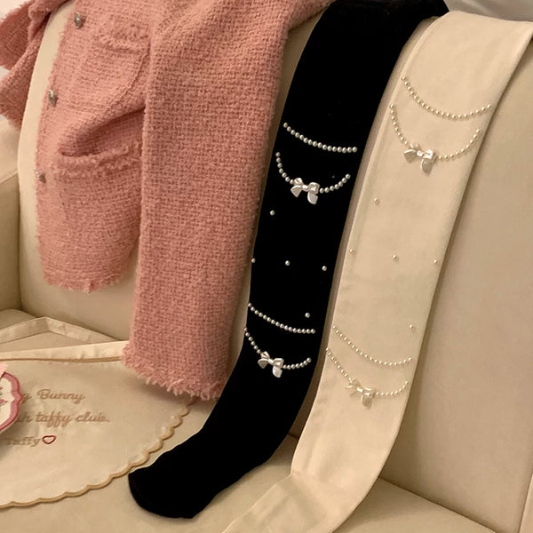 Fashion niche design pearl necklace Japanese jk white pantyhose women's milk white leggings