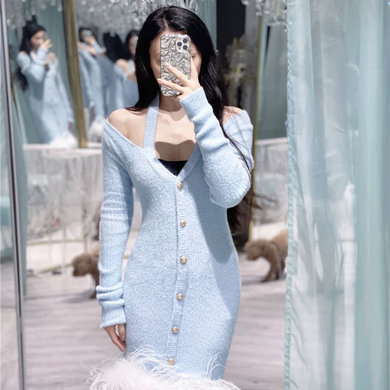 Original design baby blue mohair long-sleeved elastic knitted dress ostrich hair dress
