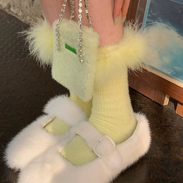 Fashion original niche design, furry feathers New Year's red tube socks sweet girl college style