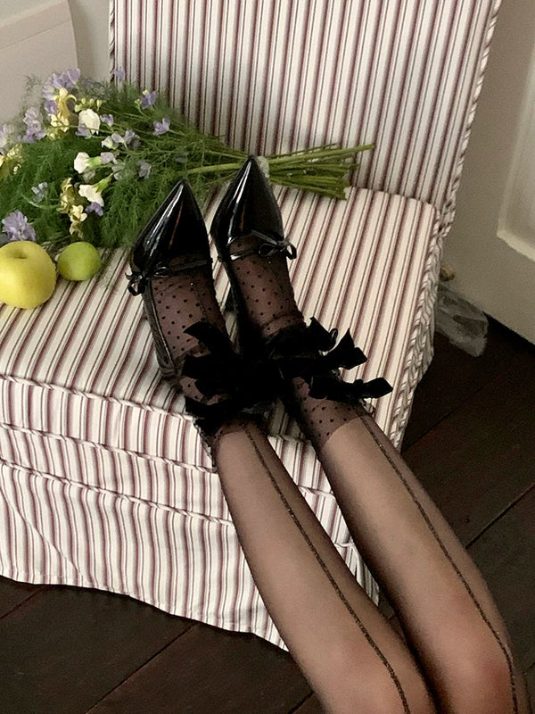 Fashion niche velvet bow mesh stacking socks pure desire white polka dot fairy transparent yarn medium tube socks